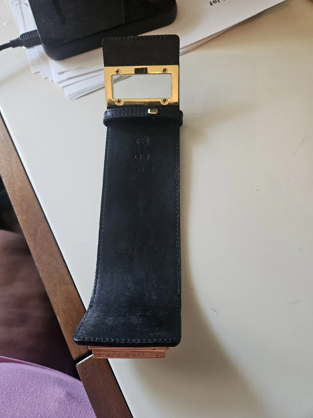 Tory Burch Black Leather Bracelet with Gold Logo Plate